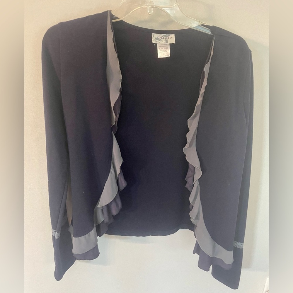 Paraella Navy Blue/Gray Ruffle Cardigan Size: Small